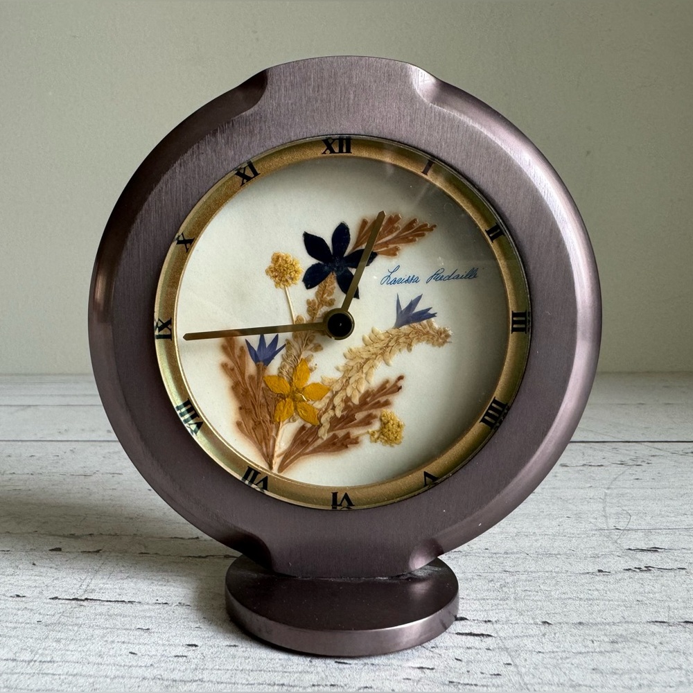 Hechinger Desk Clock | Pewter Metal with Pressed Flowers Face